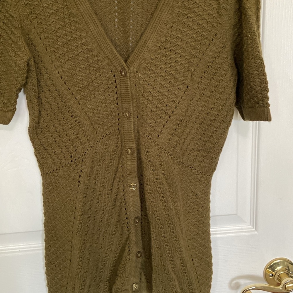 2 Isaac Mizrahi Olive Button Sweater Cardigan - Short Sleeve Open Weave, Peplum - Picture 11 of 14